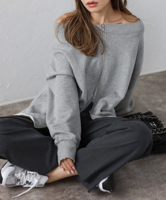 前後2WAYオフショルダージップスウェット