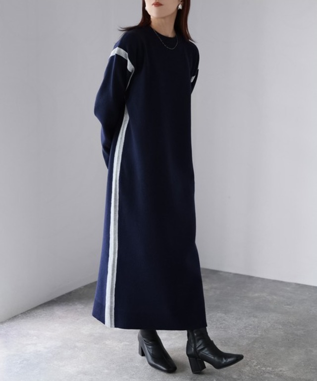 Riberry バイカラー配色ラインニットワンピース