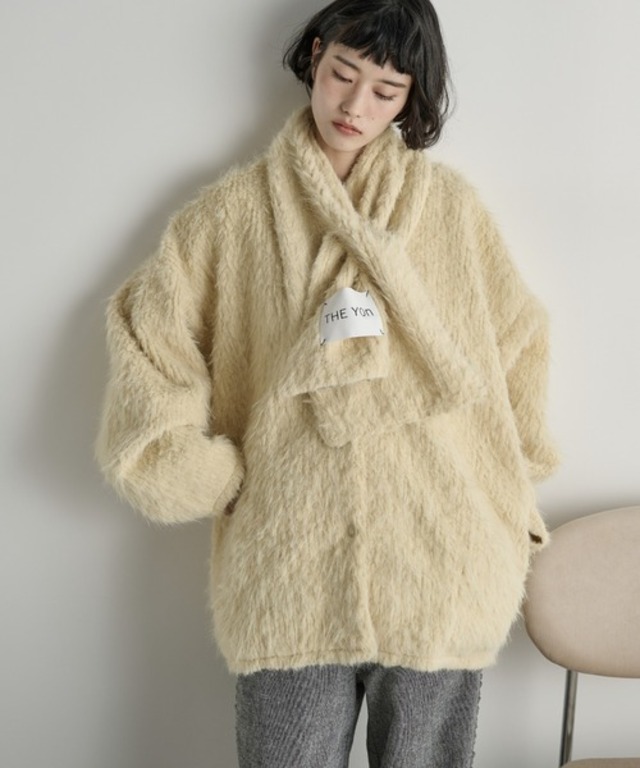 ストールセットヘアリーシャギーノーカラーミドルコート