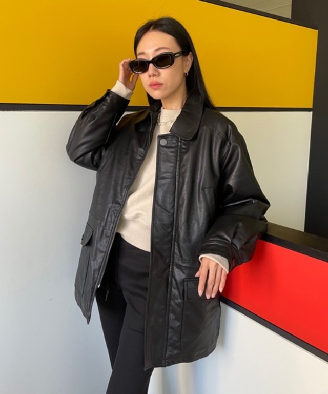 ステンカラー中綿レザーオーバージャケット