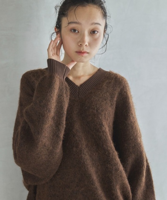 【ハンドウォッシャブル】ウール混リブ異素材起毛Vネックニット