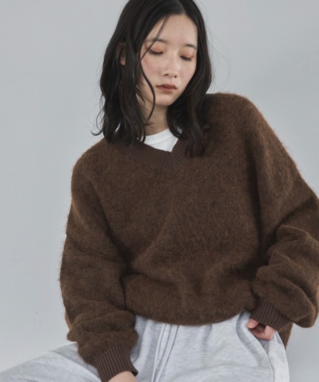 【ハンドウォッシャブル】ウール混リブ異素材起毛Vネックニット