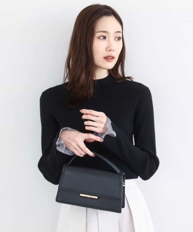 千鳥格子柄シフォンレイヤード風ハイゲージニット/洗える