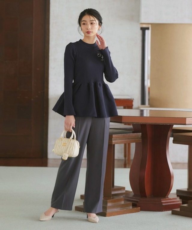 洗える ｜ スポンディッシュ ボリューム ぺプラム ニット ｜ 長袖 リブニット トップス 体型カバー スリット袖 オフィスカジュアル 通勤服 ニットトップス セーター