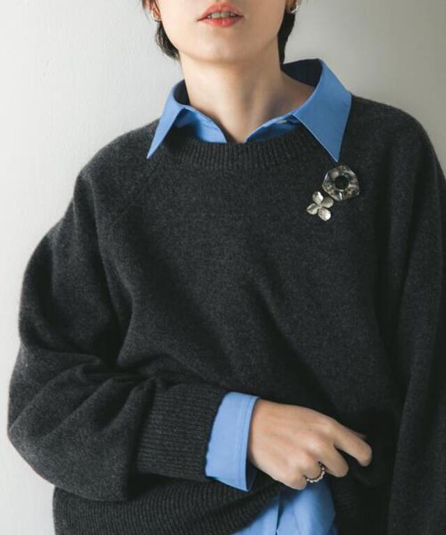 カシミヤ強縮クルーネックニット