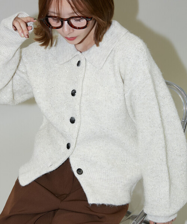 PUBLUX/パブリュクス スパンコール プレーティング ポロ カーディガン　限定展開