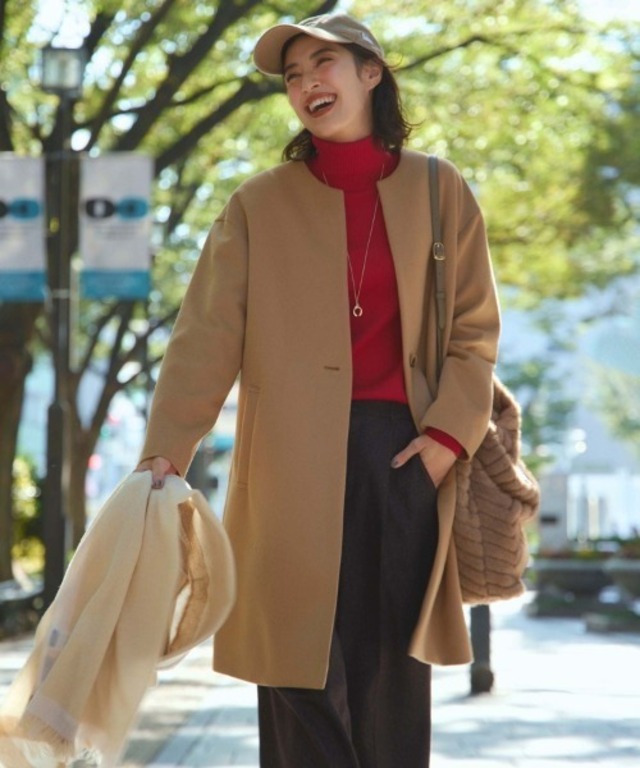 【ゆったり/軽やか】カシミヤ混ノーカラーコート