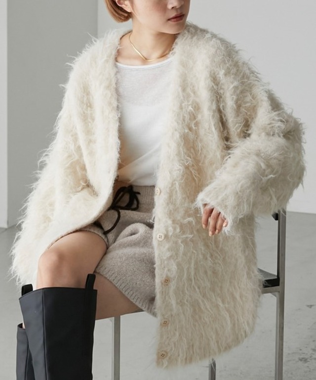 【forksy.】モンスターシャギーニットルーズVネックカーディガン