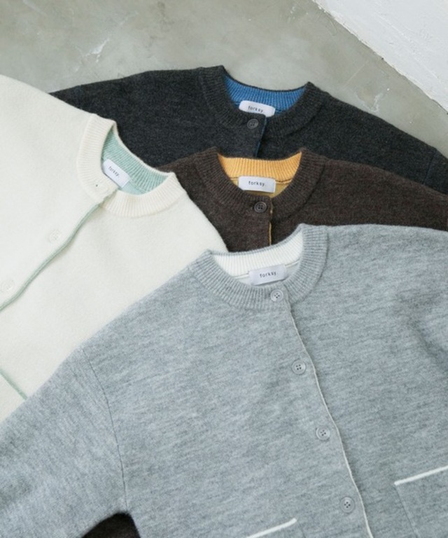 【forksy.】袖配色デザインバイカラーダブルフェイスニットカーディガン