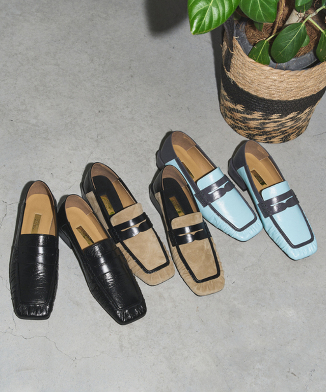 レザースクエアギャザーローファー