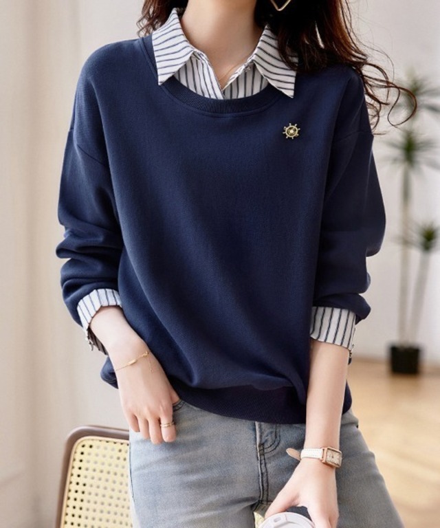 ストライプシャツ×ニット MIXレイヤード風トップス