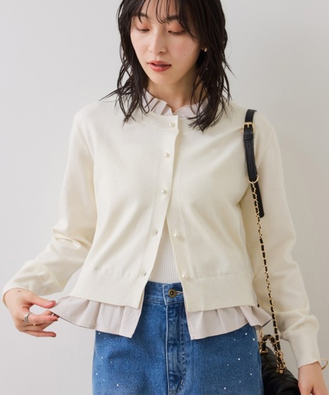 【美得】フリル襟ドッキングニットカーディガントップス