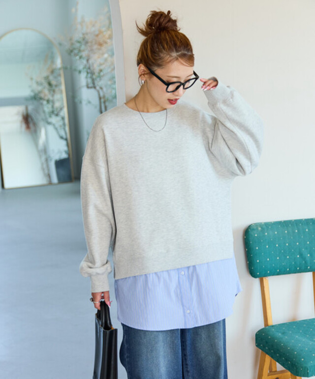 限定展開　裏起毛 スウェット × シャツ レイヤード風 トップス