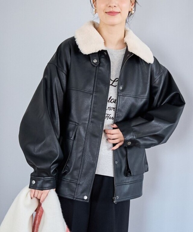 ボア襟付きレザーライクヴィンテージブルゾン