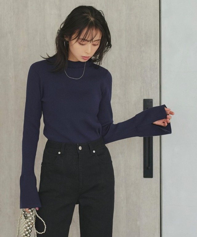 選べるデザイン 静電気防止フレアスリーブリブニットハイネックプルオーバー ｜ ハイネック トップス 長袖 フレアスリーブ ベーシック シンプル