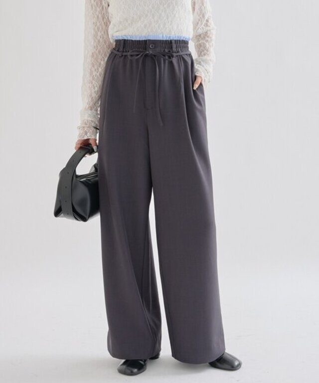 【4サイズ展開/ストライプ柄、無地 / ウエストの配色がポイント】Wベルトパンツ