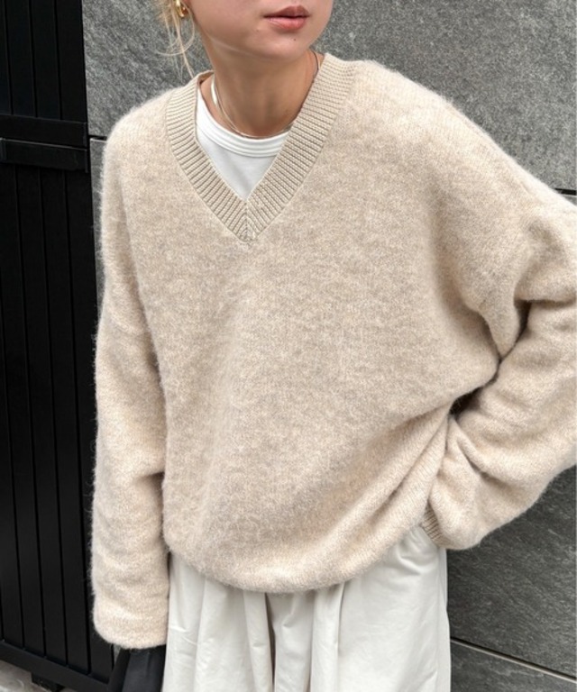 【ハンドウォッシャブル】ウール混リブ異素材起毛Vネックニット