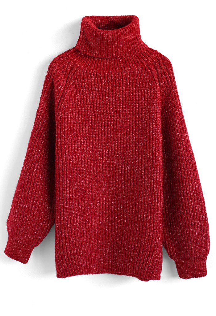 タートルネックリブ編みニットセーター