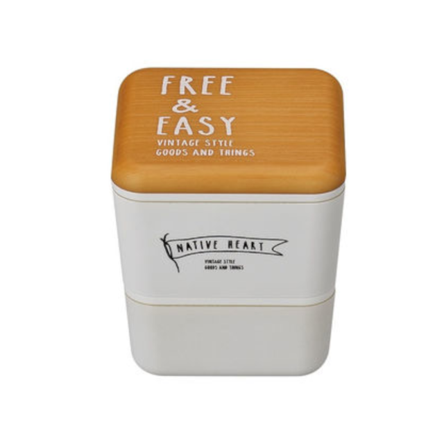 ランチボックス　木目 スクエアネスト【日本製】 01 ブラウン カジュアル サイズ：10×10×11cm　容量：下段240ml　上段360ml